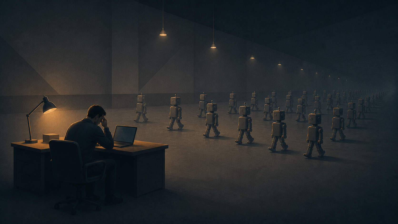 A single tired human silhouette at a desk facing a loose formation of small robot figures — quiet exhaustion, not conflict.
