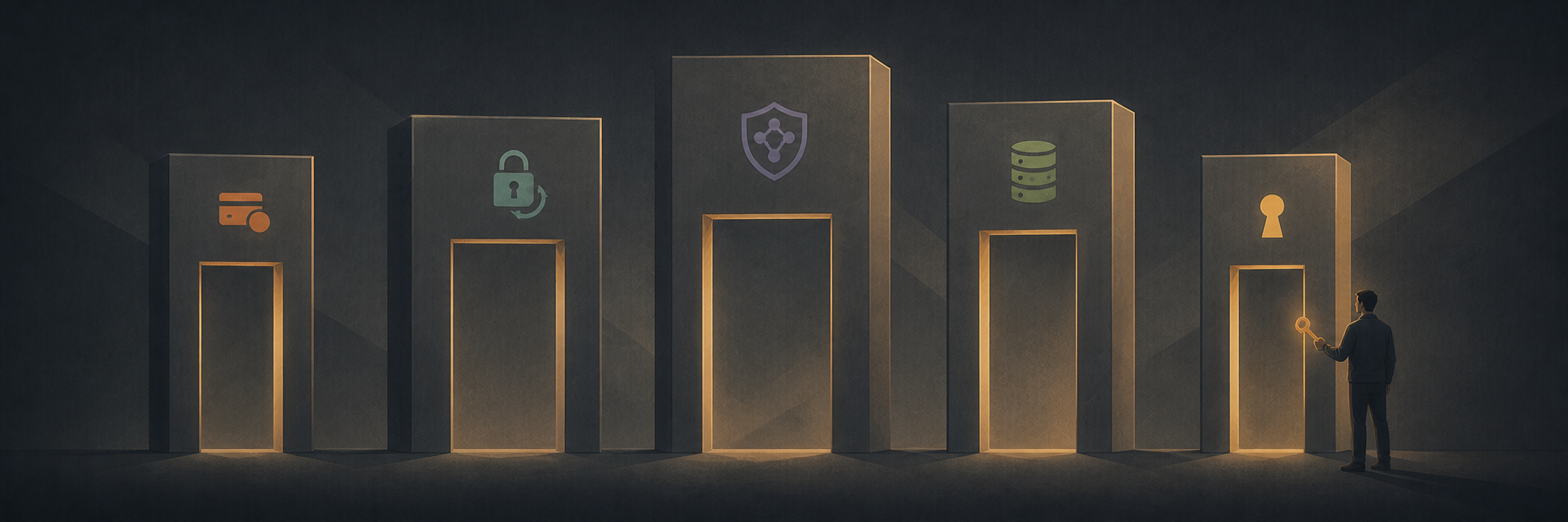 Five vertical gates in a row — payments, auth and recovery, authorization and data, production database, deploy keys — with a human figure holding a key at the last gate.