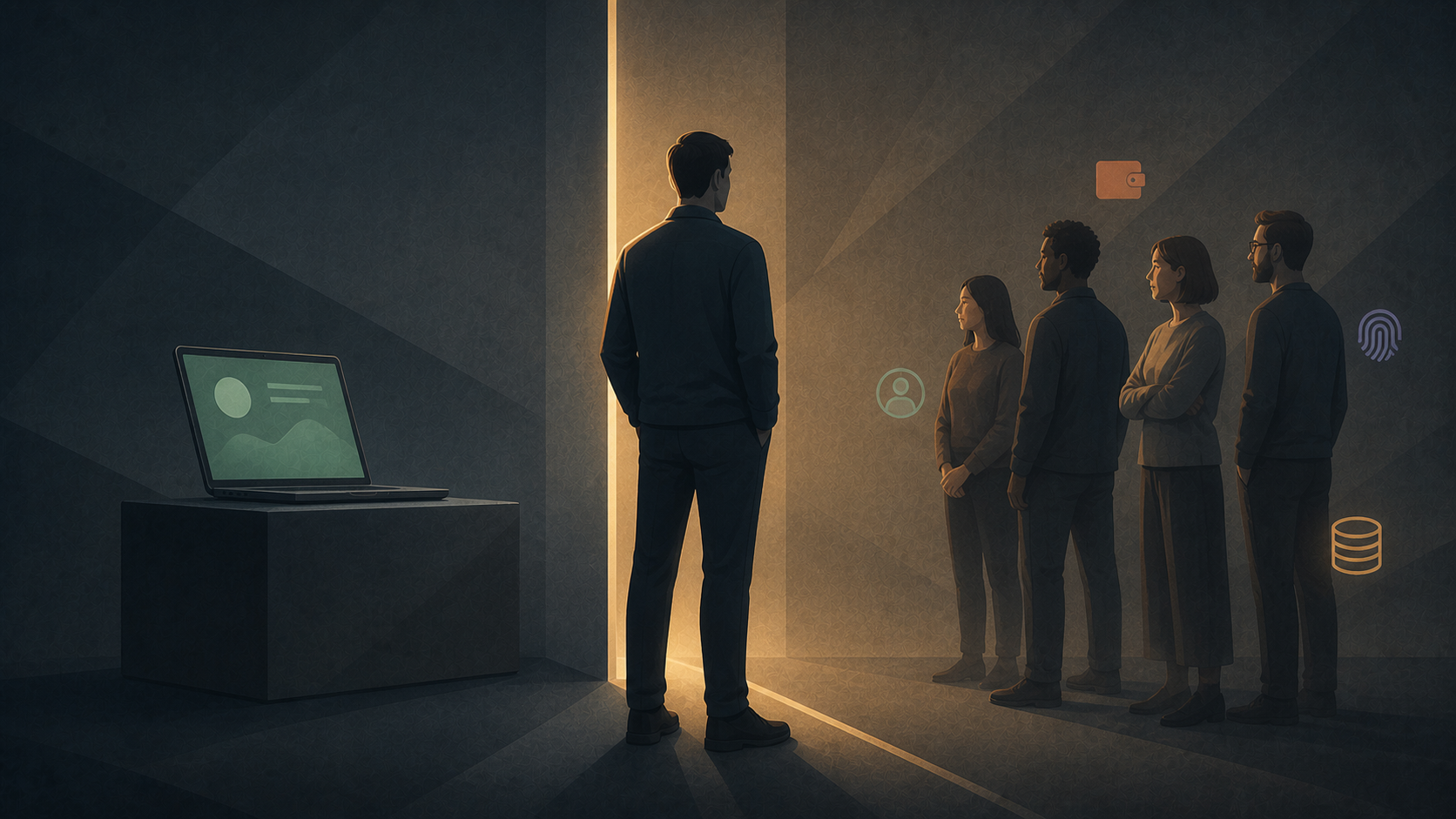 A founder stands at a threshold — one side a laptop with a green demo screen, the other real customers with wallets and data icons.