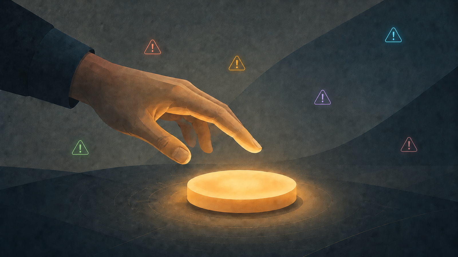 A founder's hand hovers over a glowing deploy button; six warning triangles sit dimly in the background.