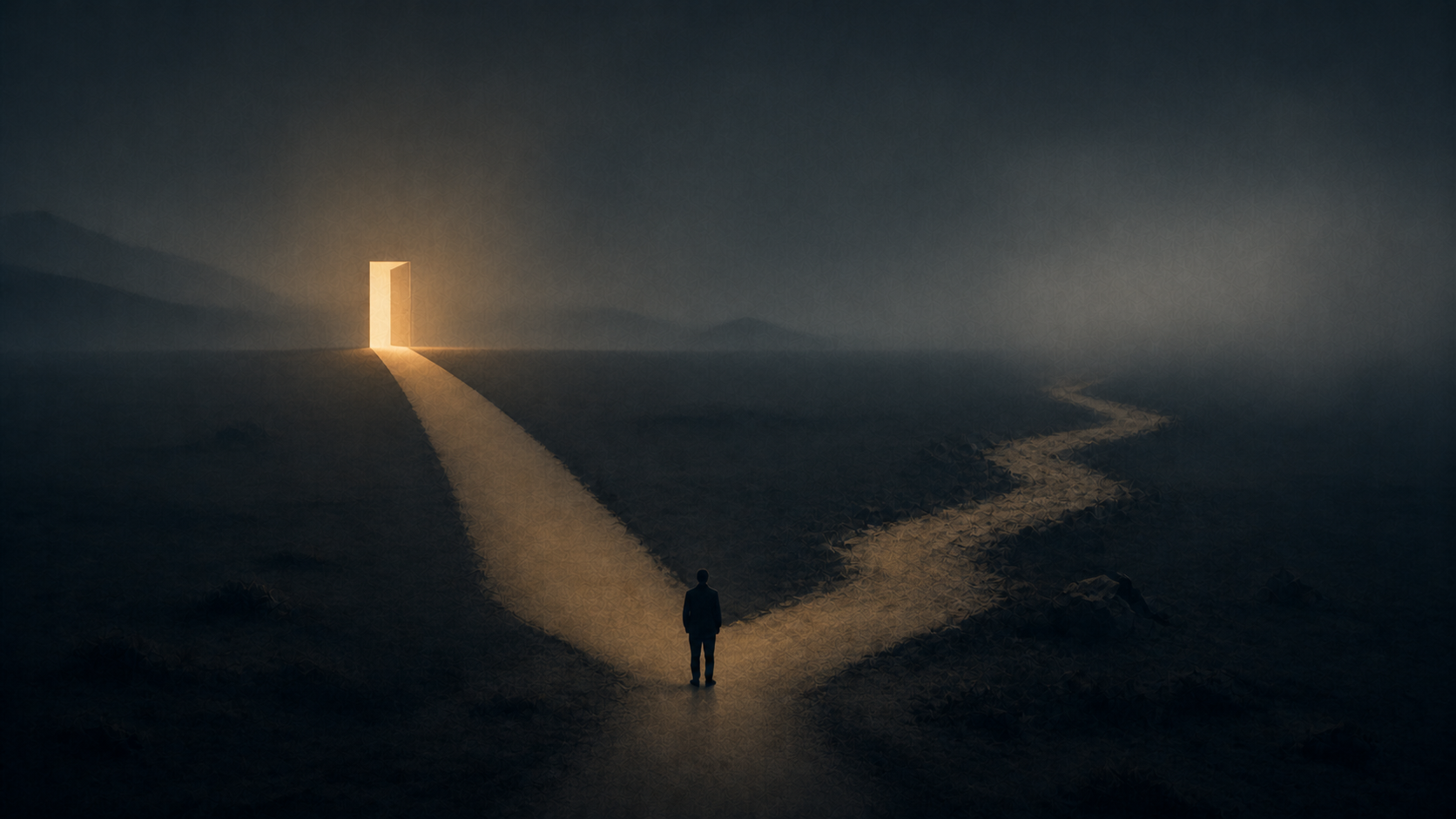 Two paths leaving the same starting point — one leads to a lit doorway, the other fades into fog.