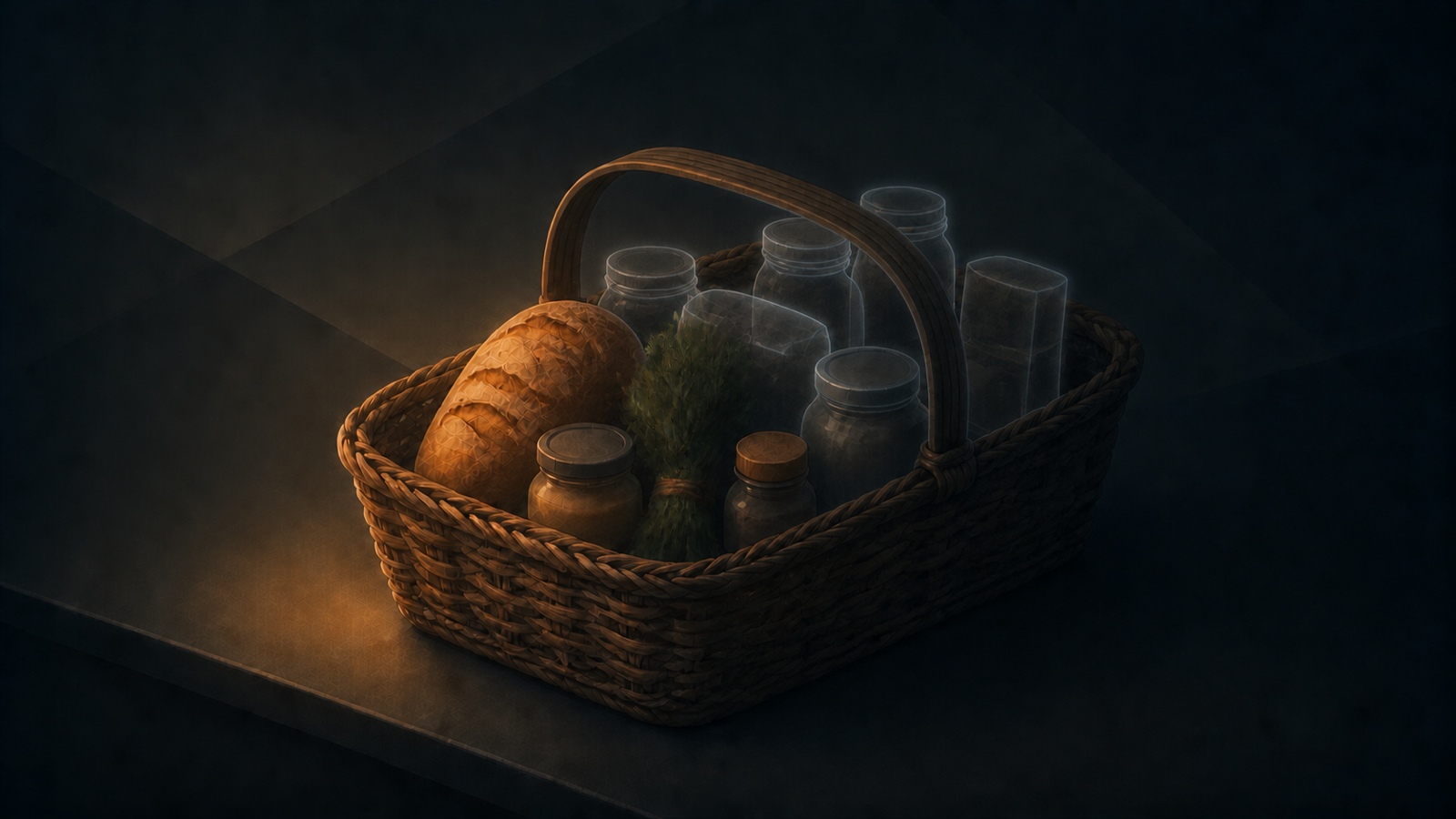 A grocery basket holds a handful of ordinary ingredients up front, while several more sit stacked deep and unlabeled toward the back, as if nobody actually looked at everything inside.
