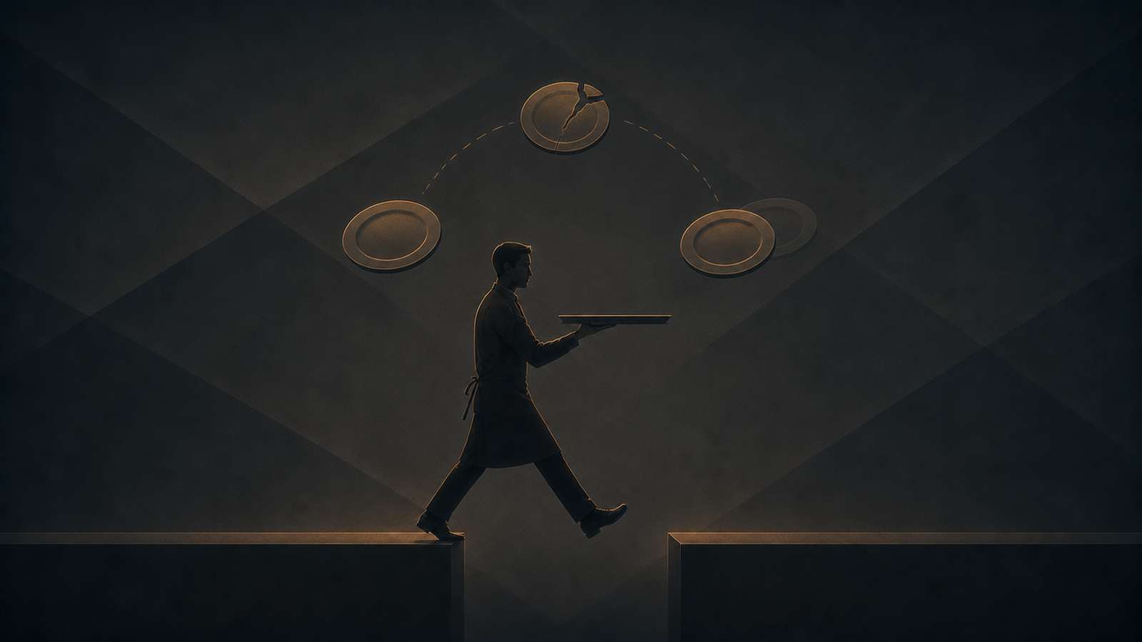 A waiter silhouette carries a tray across a gap between two platforms — one plate intact, one cracked mid-air, a faint duplicate of a third plate hovering just behind it.