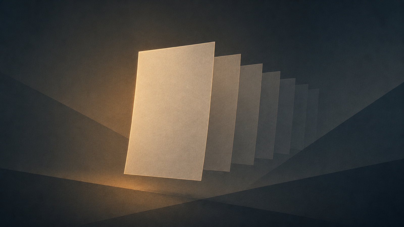A single document page hangs in the air trailing several faint duplicate pages behind it, like a version-history filmstrip.