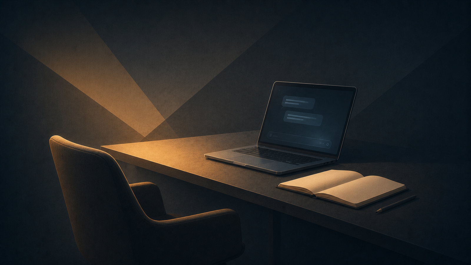 An empty chair at a desk, a laptop open to a quiet chat window, a blank notebook waiting on the desk.