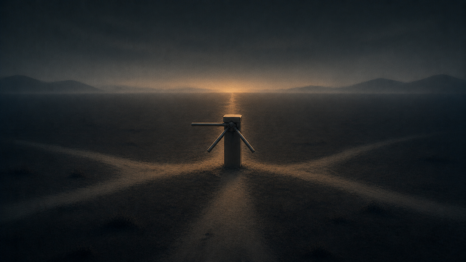 A single gate stands alone in an open field, a worn path leading up to it from many directions and continuing on the other side.